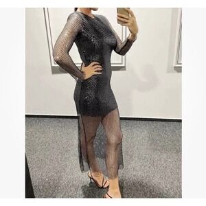 ZARA FW22 Black Semi Sheer XS Sequin Sparkly Midi Dress Women's Glam Embroidery